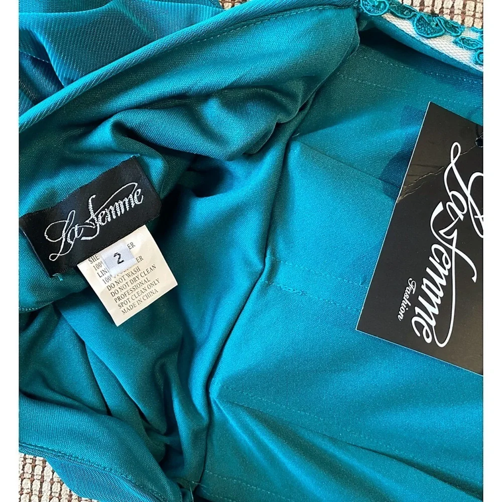 La Femme Teal Open Back Lace Embellished Gown | Dress